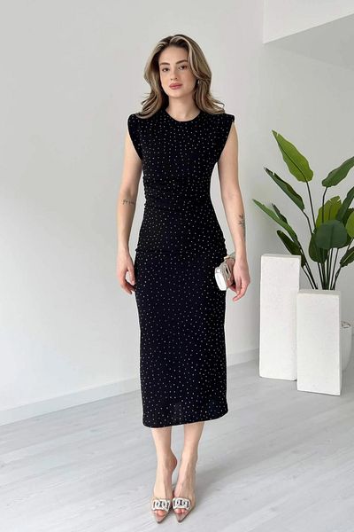 Sorridi Draped Dress with Padded Shoulders and Stones and Slit at the Back