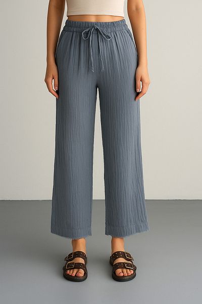 Palal Summer Lightweight Fabric Muslin Gray Women's Wide Leg Pants - Pockets and Elastic Waist