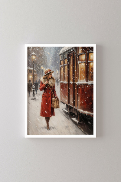 epiqart Woman Walking in Snowfall - White Frame