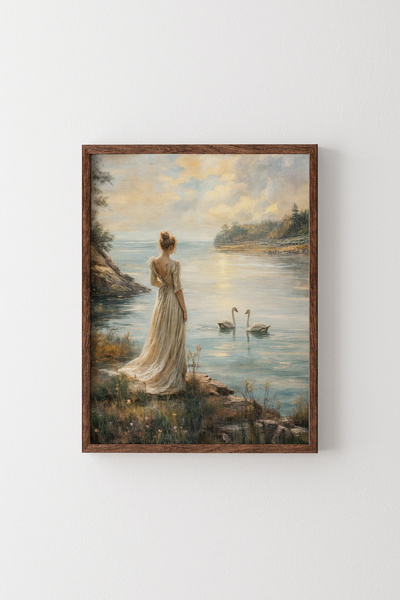 epiqart Kadın ve Kuğular - Ahşap Desenli Çerçeve