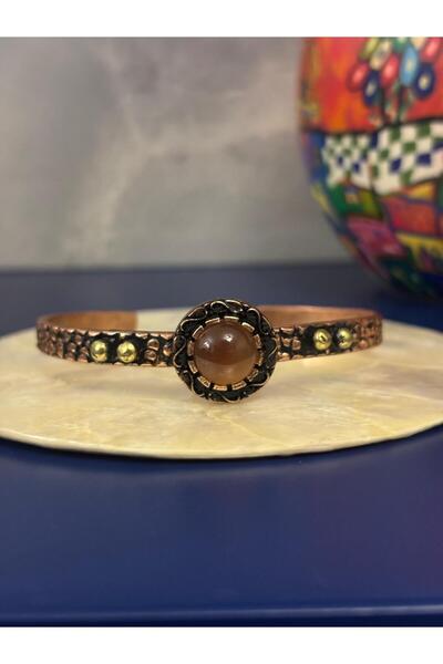 Idarosa Concept Yuvarlak Akik Doğal Taşlı Bakır Kelepçe Bilezik