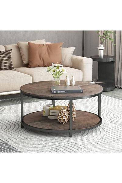 AGD Modern Wooden Coffee Table, 80 cm Round Coffee Table with Storage Shelf and Durable Metal Legs