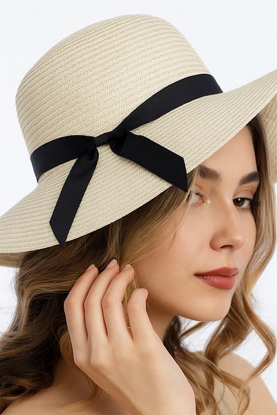 SUVE GOLD Ribbon Detailed Straw Hat – Wide Brim Summer Beach Hat Beige