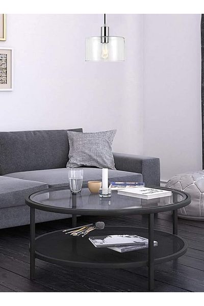 AGD Coffee Table Modern 2-Tier Side Table Round Glass Top Table for Living Room, Office, Hotel and Hall