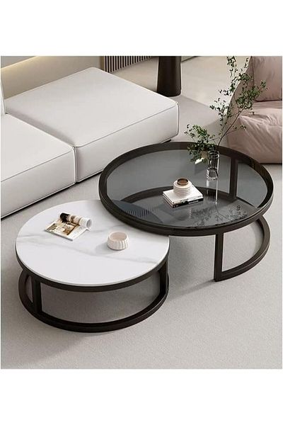 AGD Modern Nesting Coffee Table Set - Two-piece Round Design For Living Room, Balcony, And Garden