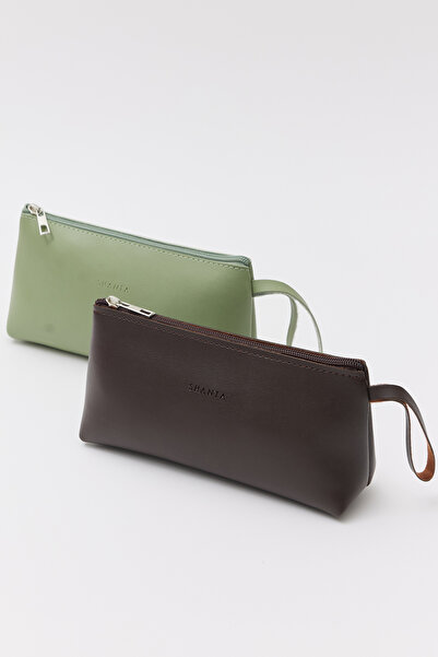 Shanta Чанта за грим и пътуване с къса презрамка с единичен цип, 2 бр. горчив...