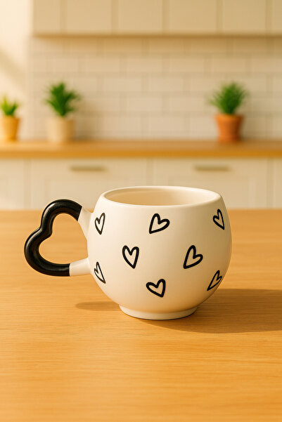 SırART Heart Handle Hollow Black Heart's Special Engraved Hand-Embroidered Ceramic Mug