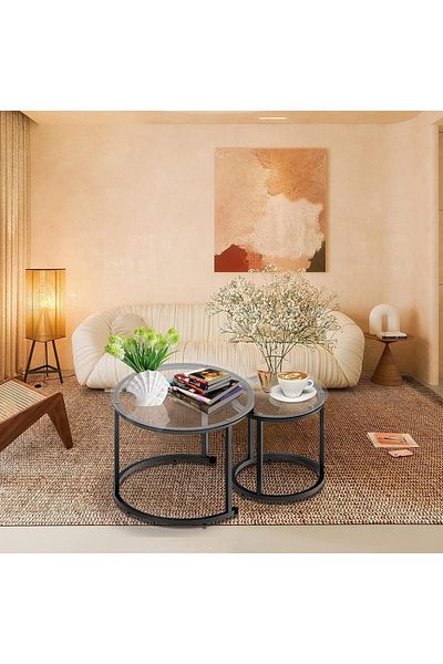 AGD 2-piece Glass Coffee Table Set, Metal Side Table For Living Room And Bedroom With Glass Top