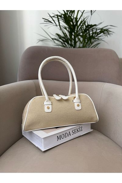 Moda Sekiz Women's Straw Side Faux Leather Zippered Baguette Handbag and Shoulder Bag