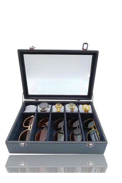 DİJİTAL ÇARŞI MAĞAZACILIK Diji 5 Glasses 5 Watch Box Watch and Glasses Bag Black Inside Black Gray Padded