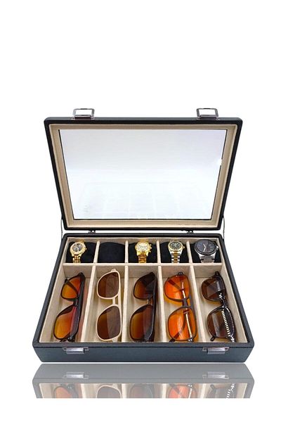 DİJİTAL ÇARŞI MAĞAZACILIK Diji 5 Glasses 5 Watch Box Watch and Glasses Bag Black Inside Cream Black Padded