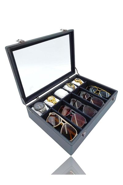 DİJİTAL ÇARŞI MAĞAZACILIK Diji 5 Glasses 5 Watch Box Watch and Glasses Bag Black Inside Black White Padded