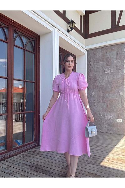 badibadii Women's V-Neck Pink Muslin Fabric Short Sleeve Dress