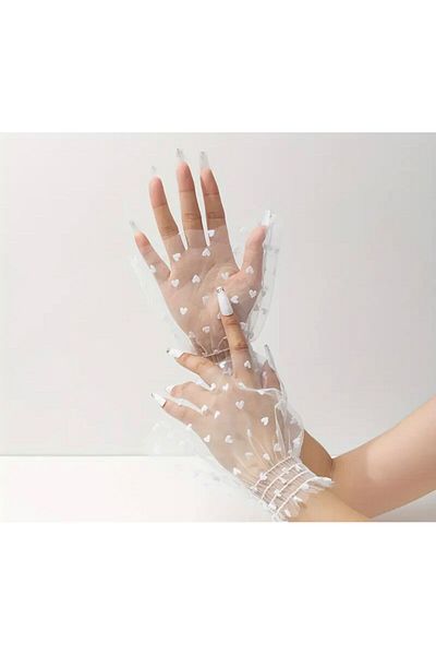 DİLARRA Boutique White Bridal Wedding Invitation Prom Party Gloves with White Heart