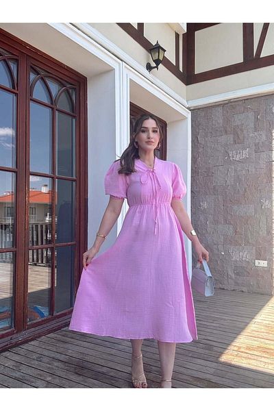 badibadii Women's V-Neck Pink Muslin Fabric Short Sleeve Dress