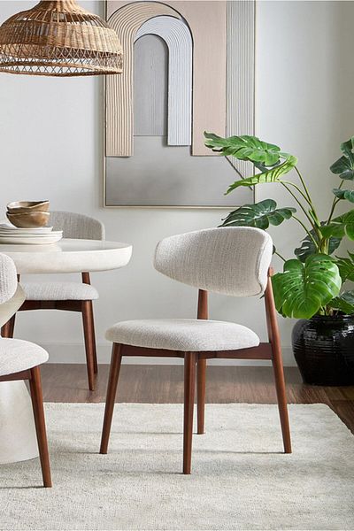 Generic Upholstered Solid Wood Dining Chair Side Chair Biege with Brown Legs
