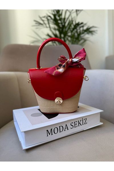 Moda Sekiz Women's Straw Detail Cross Strap Hand and Shoulder Bag