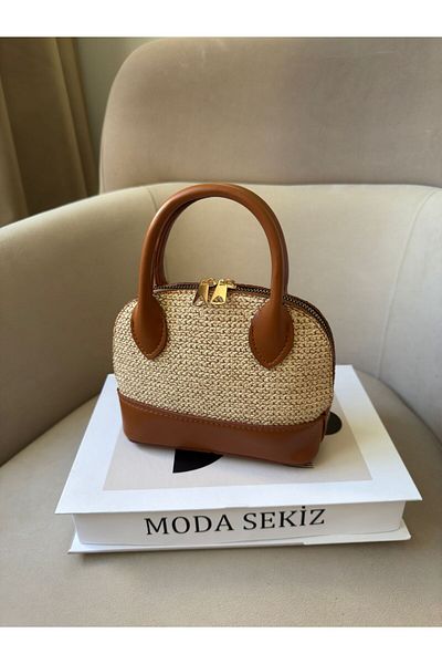 Moda Sekiz Women's Straw Faux Leather Detail Mini Cross Strap Hand and Shoulder Bag