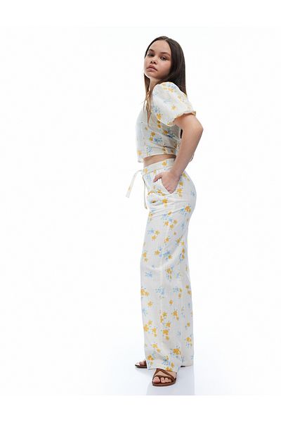 Koton New Season Cotton Floral Patterned Wide Leg Trousers with Belt Detail