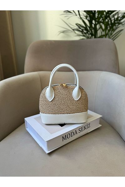 Moda Sekiz Women's Straw Faux Leather Detail Mini Cross Strap Hand and Shoulder Bag