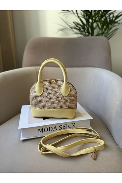 Moda Sekiz Geantă de mână și de umăr pentru femei, cu detalii din piele artificială din paie