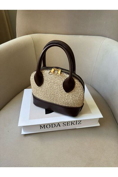 Moda Sekiz Women's Straw Faux Leather Detail Mini Cross Strap Hand and Shoulder Bag