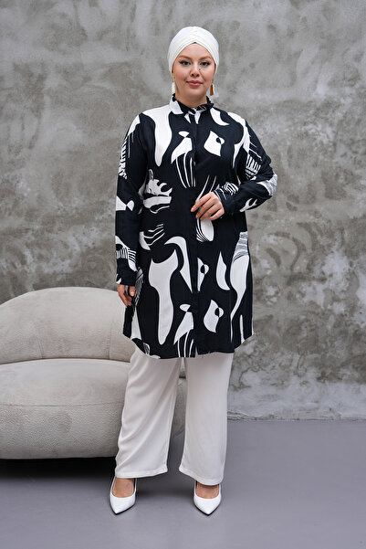 Polologin Butik Figurative Patterned Black and White Tunic