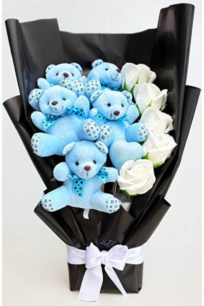 Linalux Gifts Mavi Ayıcıklı ve Beyaz Güllü Peluş Buket Ayıcık Buketi Sevgiliy...