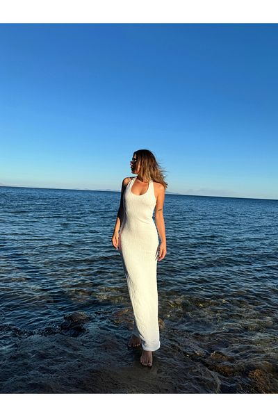 ForOus White Halterneck Seersucker Wrinkle Fabric Trend Back Open Dress