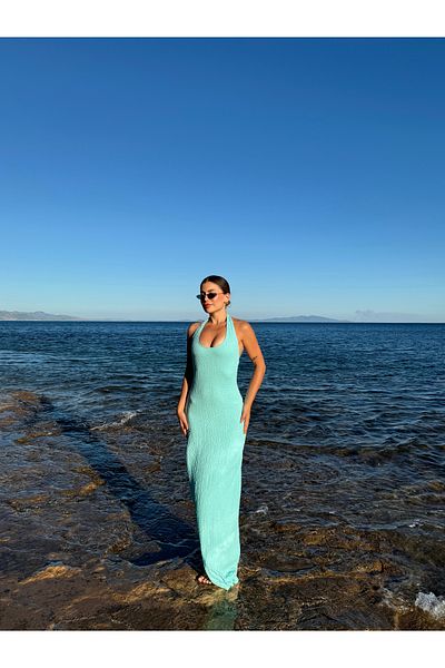 ForOus Blue Halterneck Seersucker Wrinkle Fabric Trend Back Open Dress