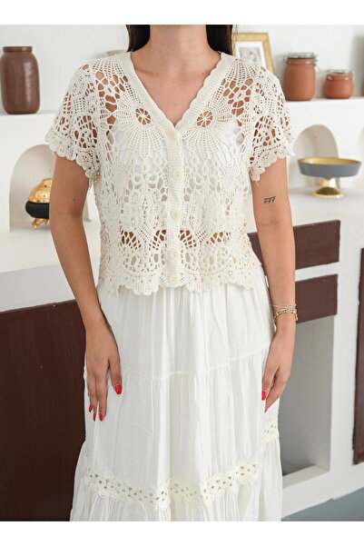 Elenova Kısa Kollu Dantel Örgü Bluz