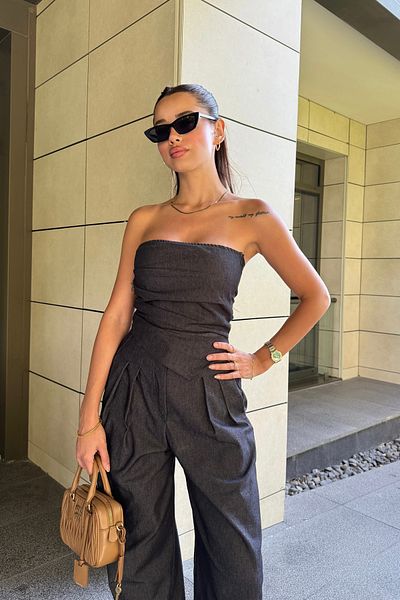 ForOus Strapleless Drape Bustiers Pants Trend Pi̇nterest Jeans Suit