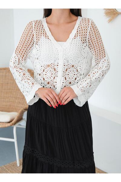 Elenova Beyaz Uzun Kollu Dantel Örgü Bluz