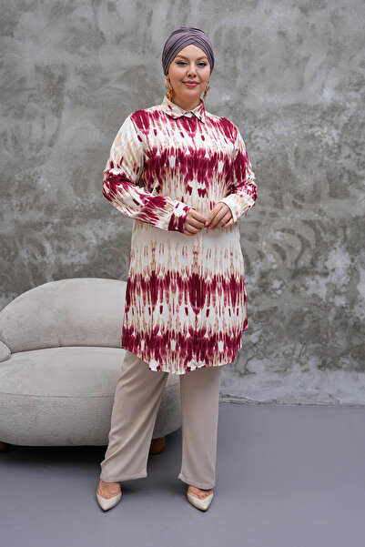Polologin Butik Patterned Burgundy White Long Tunic