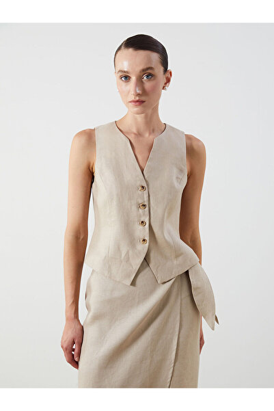 LC Waikiki سترة نسائية كلاسيكية من NEVAVM بياقة على شكل V مصنوعة من الكتان بن...