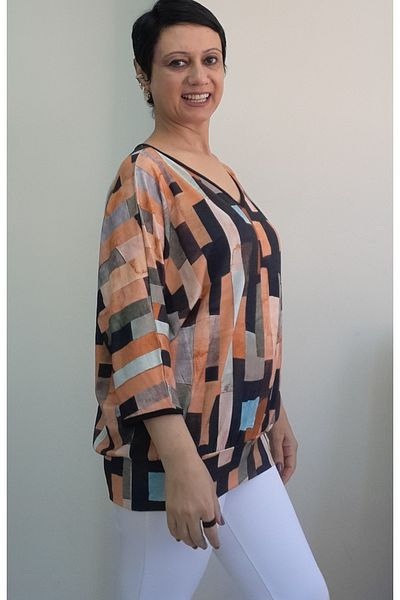 Mertcan Butik V-Neck Black Blue Orange Multi Color Bat Three Quarter Sleeve Combed Viscose T-Shirt