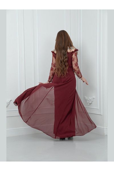 Nice Model Burgundy Chiffon Evening Dress Off Shoulder Lace Underlay Pink Rose Detail Formal Gown Women Party