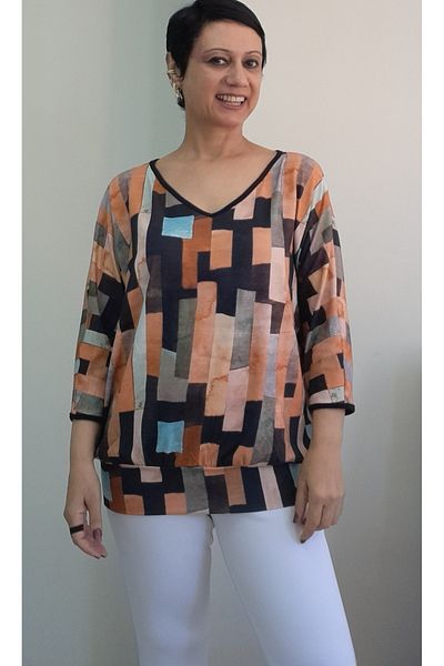Mertcan Butik V-Neck Black Blue Orange Multi Color Bat Three Quarter Sleeve Combed Viscose T-Shirt