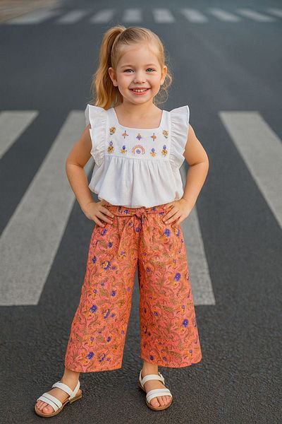 Minigimin Cicileri Little Girl's Ethnic Patterned Shalwar Trousers Suit – Coral