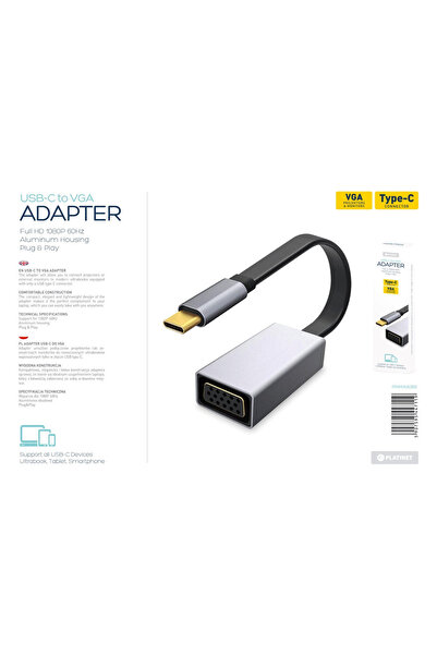 Platinet Adapter, Platinet, USB-C - VGA 1080, 60Hz, Silver