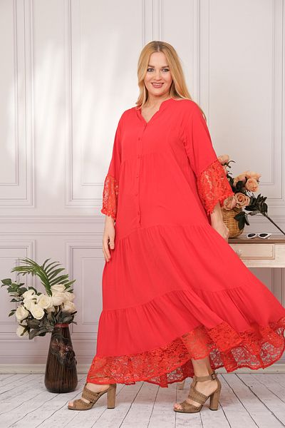bohostyle Coral Dress (RED) Long With Lace With Bust Between 115 Cm And 130 Cm