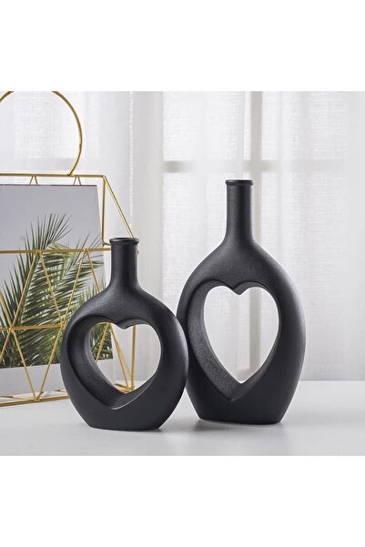 Living طقم مزهرية سيراميك - قطعتين على شكل قلب (28 سم و22 سم)، أسود
