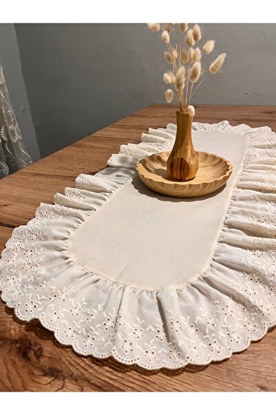 NURGİTA HOME Naturel Ham Keten Fisto Fırfırlı Oval Runner 35x85