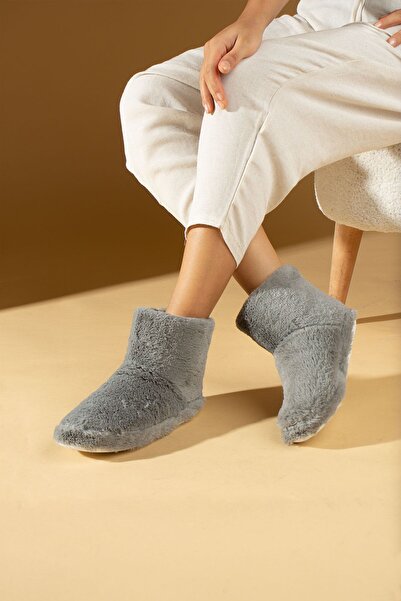 WMİLANO Kadın Gri Panduf Günlük Sıcak Astar Rahat Taban Ev Botu Ev Ayakkabısı