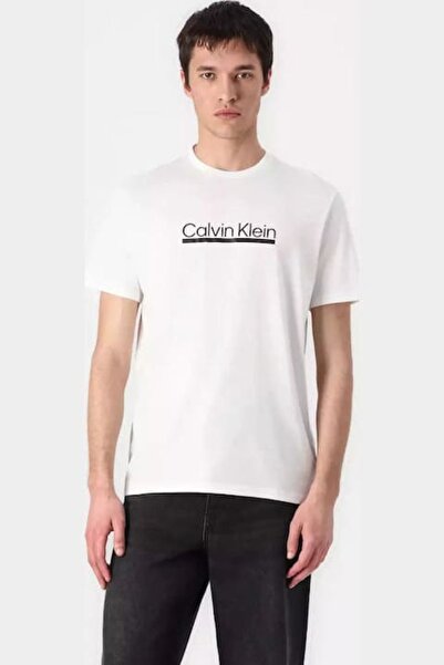 Calvin Klein Erkek Regular Fit Kontur Grafik Baskılı T-Shirt - Beyaz