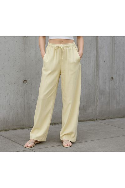 My Blog Yellow 100% Cotton Linen Straight Trousers with Elastic Waist