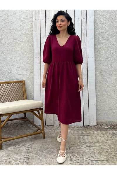 KÜÇÜĞÜM BUTİK Burgundy V-Neck Muslin Dress