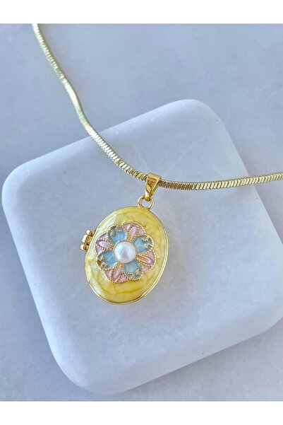 Seda Bijuteri Altın Kaplama İncili Çiçek Model Kapaklı Kolye Sarı