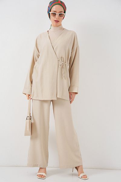 Bigdart Women's Double Breasted Collar Kimono Bottom Top Set 6743 - Beige