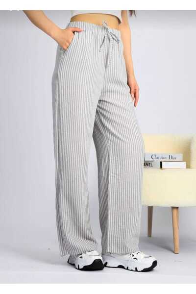 ECK MODA بنطال نسائي مخطط بتفاصيل جيب وخصر مطاطي